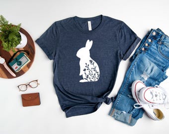 Floral Rabbit Shirt, Bunny Shirt, Easter Shirt, Nature Lover, Rabbit Silhouette