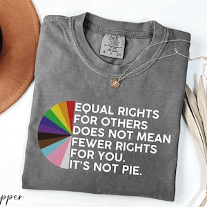 May include: A gray t-shirt with a rainbow pie chart and the text "EQUAL RIGHTS FOR OTHERS DOES NOT MEAN FEWER RIGHTS FOR YOU. IT'S NOT PIE."