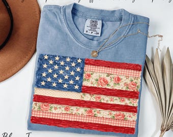 USA Flag Shirt, 4th of July Shirt, Faux Painted USA Flag Shirt, Comfort Colors® Floral Patriotic Shirt, Fourth of July Shirt, Freedom Shirt