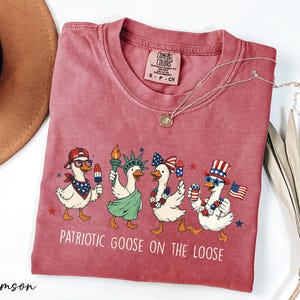 a red t-shirt with a patriotic goose design, along with a brown hat and some greenery.
