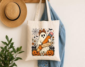 Custom Teacher Halloween Tote Bag, Personalized Teacher Tote Bag, Cute Ghost Tote Bag, Floral Teacher Appreciation