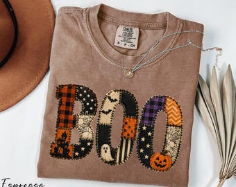 Patchwork Style Boo Shirt, Halloween Shirt, Comfort Colors® Spooky Season Shirt, Funny Halloween Tee, Ghost Lover Gift - DTF Printed Design