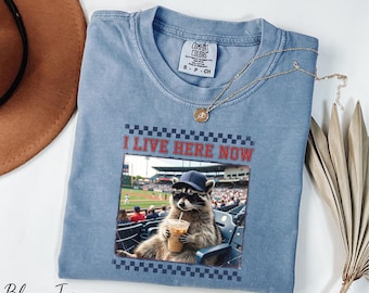 Comfort Colors® I Live Here Now Shirt, Baseball Game Day Shirt, Funny Raccoon Shirt, Baseball Lover Raccoon Shirt, Checkered Baseball Shirt
