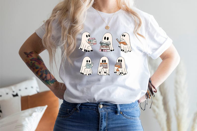 Camiseta de libros de lectura de fantasmas, camiseta de fantasma de Halloween, camiseta de Halloween para maestros, camiseta de bibliotecario, linda camiseta de Halloween, sudadera de Halloween imagen 3