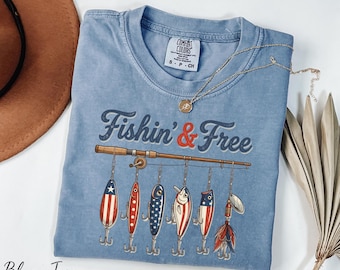 Fishin & Free Shirt, USA Fish Shirt, 4th of July Shirt, Independence Day Shirt, Comfort Colors® Patriotic Fisherman Shirt, Fishing Shirt