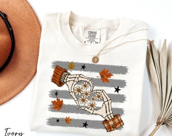 Fall Skeleton Shirt, Skeleton Hands Shirt, Autumn Vibes Shirt, Comfort Colors® Fall Season Shirt, Daisy Shirt, Gardener Gift, Floral Shirt