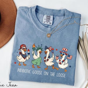 A blue t-shirt with a patriotic goose design and the text "Patriotic Goose on the Loose" printed on it, along with a necklace and a brown hat.