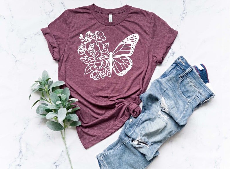 Floral Butterfly Tee | Cute Butterfly Shirt | Monarch Butterfly Silhouette | Floral Graphic Tee 