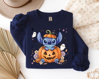 Stitch Halloween Sweatshirt, Pumpkin Stitch Crewneck, Disney Halloween Vibes Sweater, Cute Stitch Gift, Floral Halloween Sweatshirt