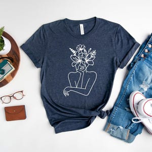 Floral Woman Body Shirt | Line Art Drawing Shirt | Floral Bouquet Woman Tee | Woman Silhouette