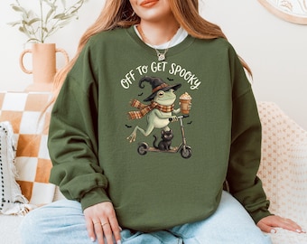 Off to Get Spooky Sweatshirt, Witch Frog Sweatshirt, Funny Halloween Crewneck, Spooky Frog Sweatshirt, Halloween Party Sweatshirt