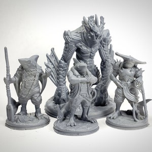 Shark Men and their Sea Troll RESIN - 32mm Miniature - DnD Miniature Tabletop Gaming - EC3D Depths of Savage Atoll - Ghosts of Saltmarsh