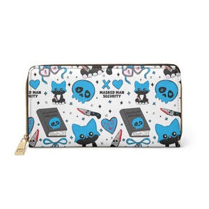 May include: White zip-around wallet with a repeating pattern of blue cat-like figures, skulls, hearts, knives, and books. The text "MASKED MAN SECURITY" is also featured. The wallet has a gold-colored zipper and pull.