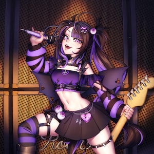 May include: Illustration of a person in a purple and black outfit, holding a microphone and a red electric guitar. The person is standing in front of a speaker and a wall with the word "Rock" in the background. The outfit includes a skirt, boots, and striped sleeves.