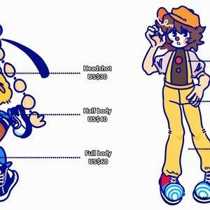 May include: Two cartoon characters, one with blue hair and a beret, the other with brown hair and a baseball cap, are shown with different pricing options for headshot, half body, and full body illustrations.