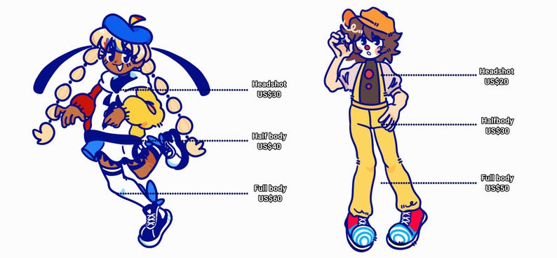 May include: Two cartoon characters, one with blue hair and a beret, the other with brown hair and a baseball cap, are shown with different pricing options for headshot, half body, and full body illustrations.