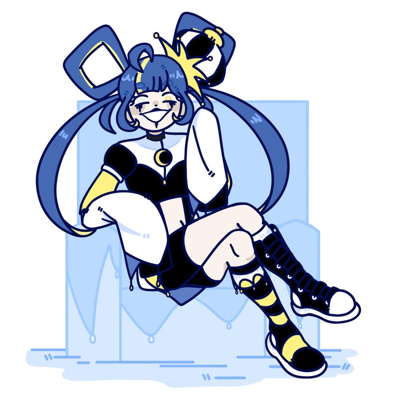 May include: A cartoon illustration of a character with blue hair and a yellow crown sitting on a blue throne. The character is wearing a black and white outfit with yellow accents and black and yellow striped socks. The character is smiling and has a playful expression.
