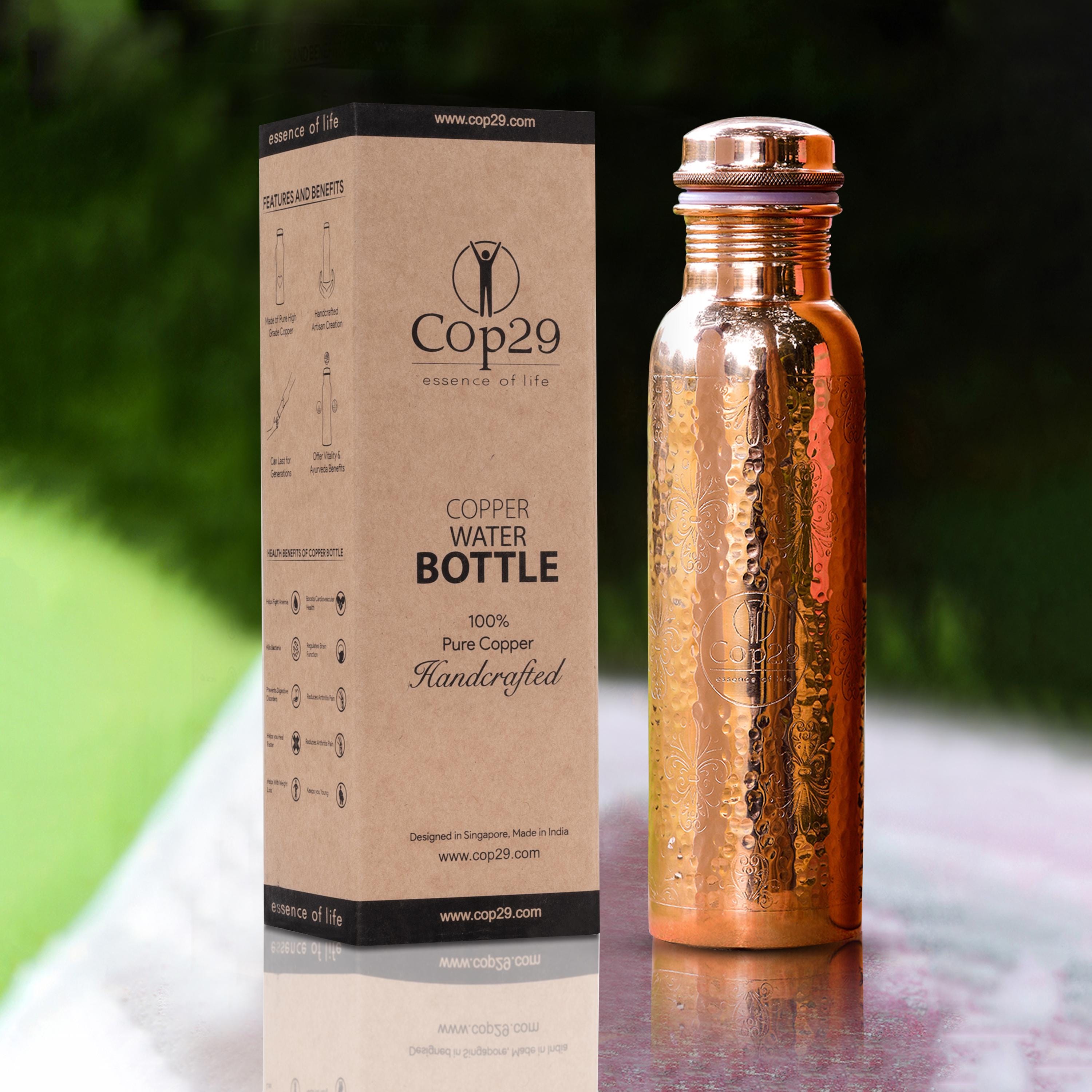 Hand Engraved Glossy Finish 100% Pure Copper Mira Hammered Water Bottle: Joint Free, Leak Proof with Ayurvedic Health Benefits (900ml/30oz)