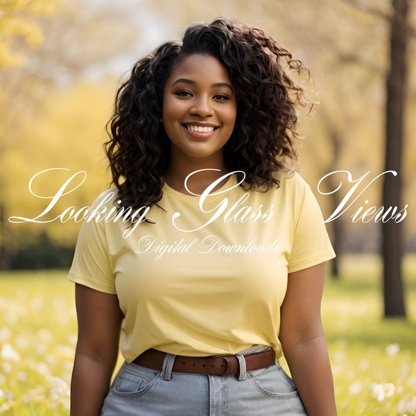 Yellow T-Shirt Mockup Gildan Mockup Easter Mockup Spring Mockup Outdoor Mockup Black Girl Mockup Yellow Bella Canvas 3001 T-Shirt Mockup