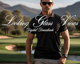 Puede incluir: Un hombre con gafas de sol negras, una camiseta polo negra, pantalones cortos de color caqui y un reloj, está de pie en un campo de golf sosteniendo un palo de golf. El texto "Looking Glass Views" y "Digital Downloads" es visible en la imagen.