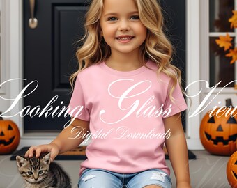 Halloween Mockup Kids Shirt Mockup Girls Pink T-Shirt Mockup Autumn Pumpkins Fall Mockup Child Mockup Pink Gildan 5100P Mockup Spooky Season