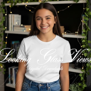 Literary Girl Mockup Bookish Teen Girls T-Shirt Mockup Youth Reader Lifestyle Mockup Tween Bookworm White Bella Canvas 3001Y T-Shirt Mockup