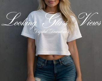 Maquete de Crop Top Branco Maquete de Crop Top Next Level 5080 Maquete de Camiseta de Bebê Maquete de Estética dos Anos 90 Maquete Champion T453W Maquete de Crop Top Bella Canvas