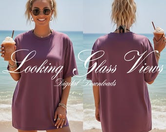 Maqueta de camiseta delantera y trasera en colores Berry Comfort. Maqueta de camiseta CC1717. Maqueta de camisa playera de verano estilo bohemio. Maqueta de estilo de vida para Etsy.
