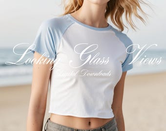 Crop Top Mockup White and Baby Blue Bella Canvas 1201 Mockup Ladies Raglan Baby Tee Cropped Top Mock Bella Canvas Baby Tee Mockup Beach Mock