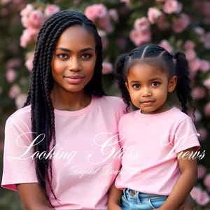 Mommy and Me Mockup Black Mama Mini Mockup Matching Pink T-shirts Bella Canvas 3001 Mockup African American Mockup Black Mom Daughter Mockup