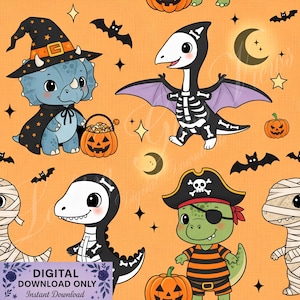 May include: A repeating pattern featuring cartoon dinosaurs dressed in Halloween costumes. Includes a triceratops in a witch hat, a skeleton pterodactyl, a pirate dinosaur, and a mummy dinosaur, all on an orange background with pumpkins, bats, and stars.