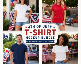 4th of July T-Shirt Mockup Bundle, Adult Shirt Mockups, White Red Navy Tee Mockup, Patriotic Summer Mockup, Independence Day Mockup