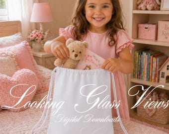Kids Tote Bag Mockup, White Drawstring Bag Mockup, Girls Book Tote, Toy Bag