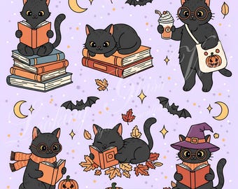 Gatos de Halloween | Padrões sem emendas | Papel para gatos | Papel digital para impressão com padrões repetidos, impressão em tecido, livros, café, gatos, padrão de leitura