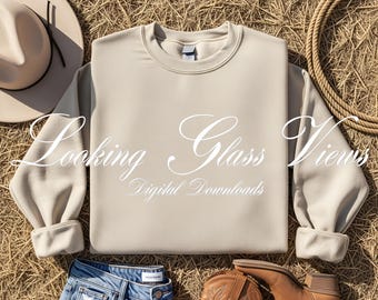 Gildan 18000 Sand Sweatshirt Mockup Western Folded Flat Lay Mockup Cowgirl Boots & Hat Casual Sweater  Country Girl Mockup Rodeo Girl Mockup