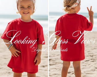 Girls Red T-Shirt Mockup, Red Gildan 5000B Mockup, Front and Back View, Girls Oversized Tee, Summer Beach Mockup
