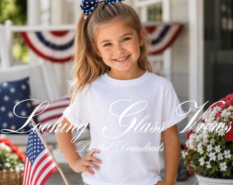 Kids 4th of July Mockup Girls White T-shirt Mockup USA Patriotic All American Girl