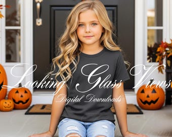 Kids Halloween Mockup Girls Gray T-Shirt Mockup Kids T-Shirt Mockup Gildan 5000B Dark Heather Mockup Child Mockup Kids Lifestyle Fall Mockup
