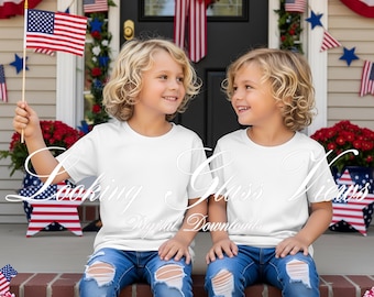 4th of July Mockup, Patriotic Boys T-shirt Mockup, USA, Red White and Blue Twins, Siblings, Brothers Mockup