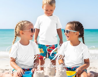 Kids White T-Shirt Mockup Siblings Brother Sister Mockup Summer Beach Vacation Matching Shirts