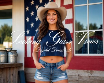 4th of July Mockup Navy Crop Top Mockup Fitted Baby Tee American Girl USA Patriotic Mockup Southern Cowgirl