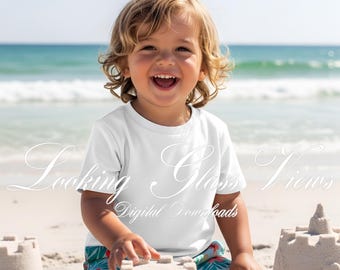 Kids T-Shirt Mockup Rabbit Skins 3321 Little Boys Mockup Summer Shirt Mockup White Tee Mock Lifestyle Beach Shirt Mockup Toddler Boy Mockup