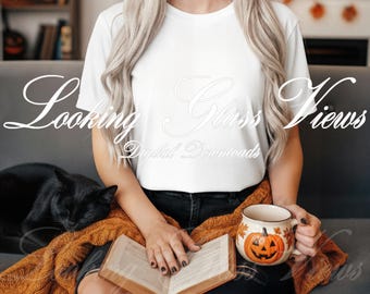 Bookish Halloween Mockup Comfort Colors 1717 Mockup Bookworm Fall Cozy Reading Shirt Mockup Lifestyle Mockup Womens White T-Shirt Mockup