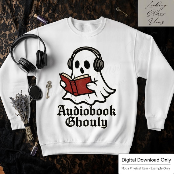 Audiobook Ghouly PNG Spooky Cute Ghost PNG Bookish Halloween PNG Goth Aesthetic Fantasy Book Lover png Reading Ghost png Digital Download
