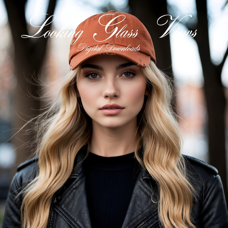 May include: A woman with long blonde hair is wearing a brown baseball cap with the text "Looking Glass" and "Digital Downloads" on it. She is also wearing a black leather jacket.