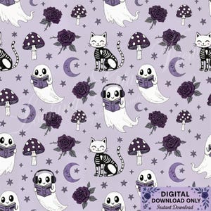 May include: A repeating pattern on a light purple background featuring cartoon ghosts reading books, cats with skeleton designs, purple roses, mushrooms, moons, and stars. The words "DIGITAL DOWNLOAD ONLY" and "Instant Download" are in the bottom right corner.