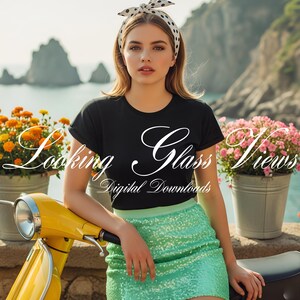 May include: A woman wearing a black t-shirt with the text "Looking Glass Views Digital Downloads" and a sequined green skirt. She is leaning on a yellow scooter. A polka dot headband and flowers in pots are also visible.