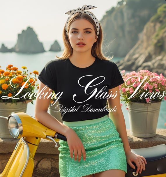 Black T-Shirt Mockup Retro Glam Fashion Tee Italy Scooter Mockup Sequin Mini Skirt Retro Girl Mockup European Coastal Summer Boho Chic Tee
