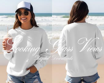 Front and Back Sweatshirt Mockup White Comfort Colors 1566 Mockup Summer Shirt Mockup Boho Beach Mockup Lifestyle Mockup Hat and Shirt Mock