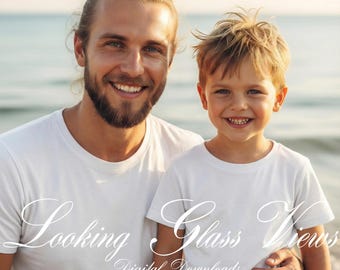 Vatertag Mockup Bundle Daddy und Ich Passende T-Shirts Vater Sohn Strand Mockup Papa Mockup Bella Canvas 3001 Weißes T-shirt